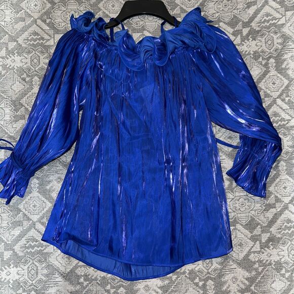 Cato Women’s Royal Blue Shimmer Ruffle Blouse Small NWT - Picture 8 of 10